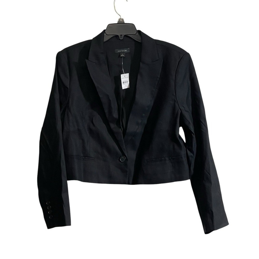 NWT Ann Taylor sz 14 linen-blend blazer black one button cropped corpcore career
